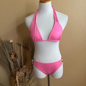 Pink Halter Button Heart Tassel Bikini Set Size Small / Medium